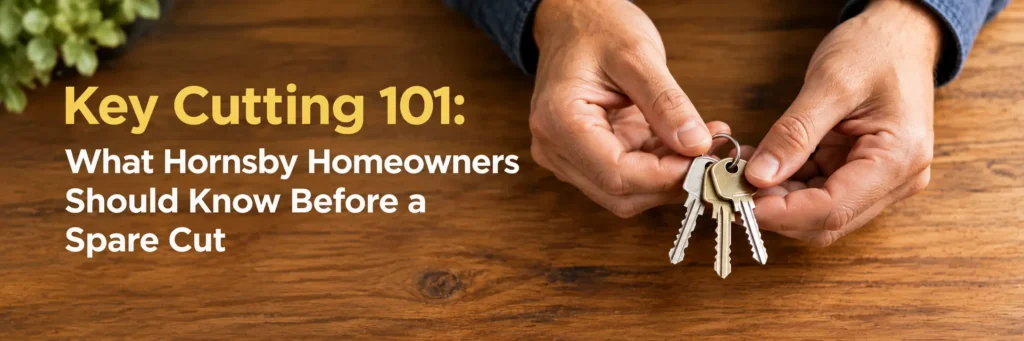 Hornsby homeowner hands holding ring of three house keys over warm timber surface before key cutting spare