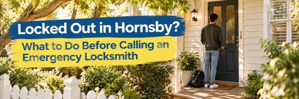 Person from behind standing at closed weatherboard family home front door with backpack in Hornsby leafy garden during lockout