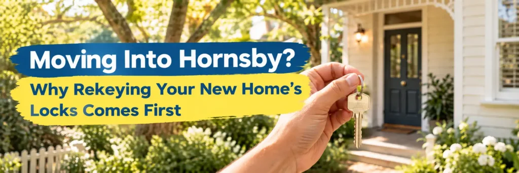 New homeowner holding house keys outside a Hornsby home before rekeying the door locks.
